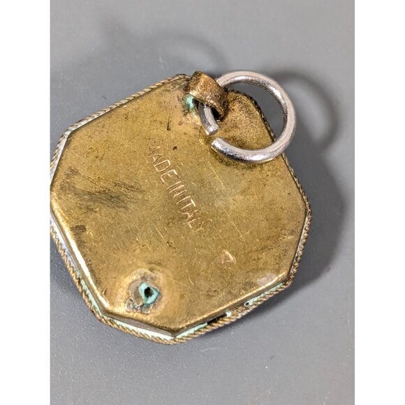 Vintage Italian Micro Mosaic Pendant Pink Rose Flower Square Brass Daisy - Picture 6 of 11